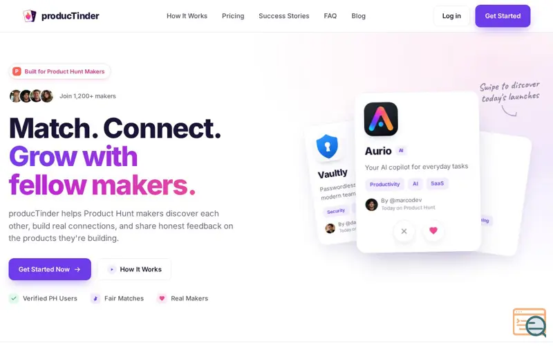 Screenshot of producTinder — Match. Support. Grow on Product Hunt.