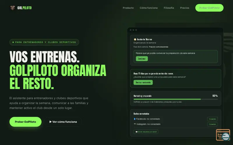 Screenshot of GolPiloto — Vos entrenás. GolPiloto organiza el resto.