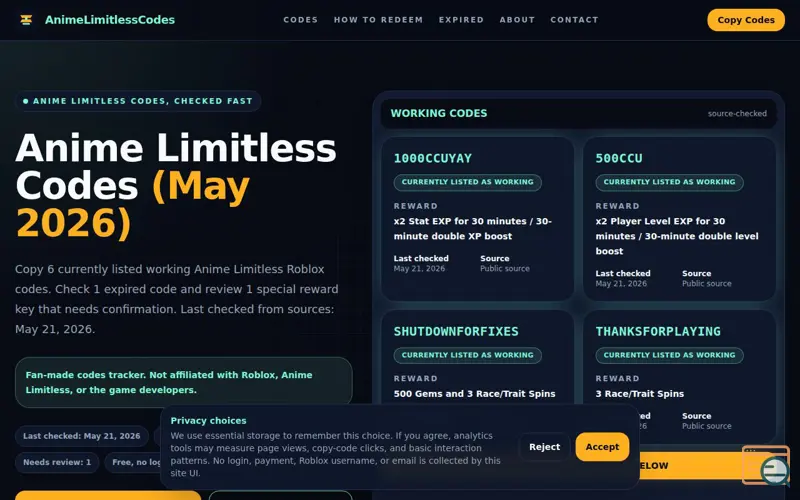 Screenshot of AnimeLimitlessCodes