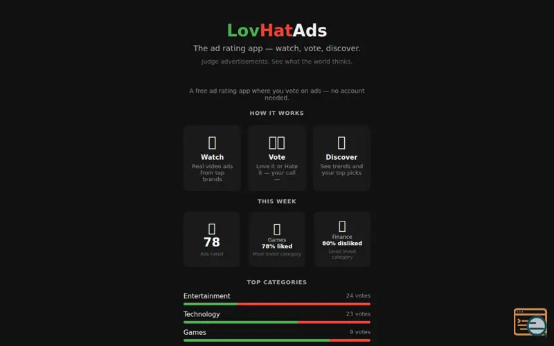 Screenshot of LovHatAds: Rate & Vote on Real Ads , a launch using Njalla