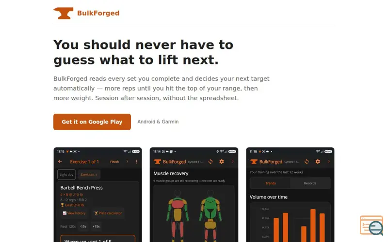Screenshot of BulkForged — Progressive-overload strength coaching