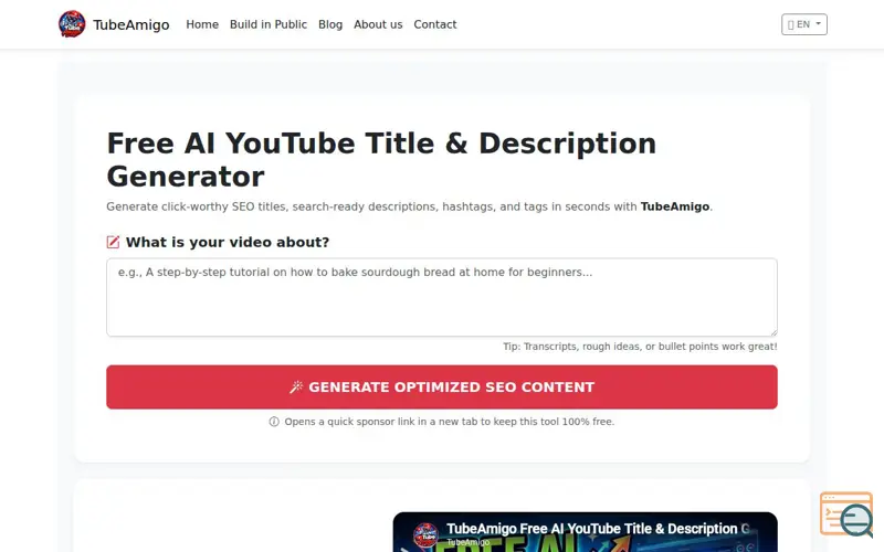 Screenshot of TubeAmigo: Free AI YouTube SEO Generator