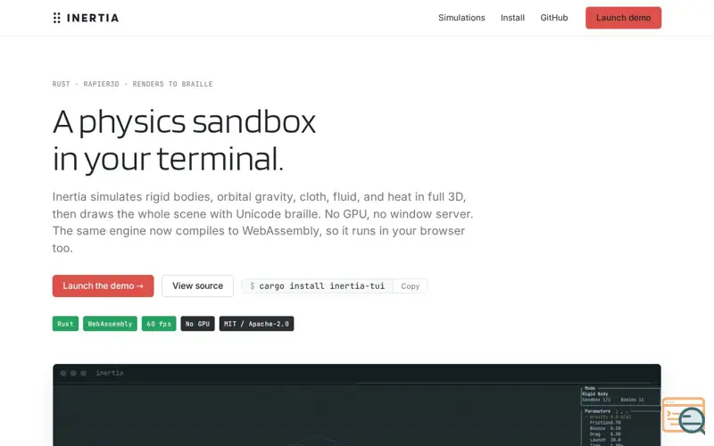 Screenshot of Inertia, Physics in a Terminal