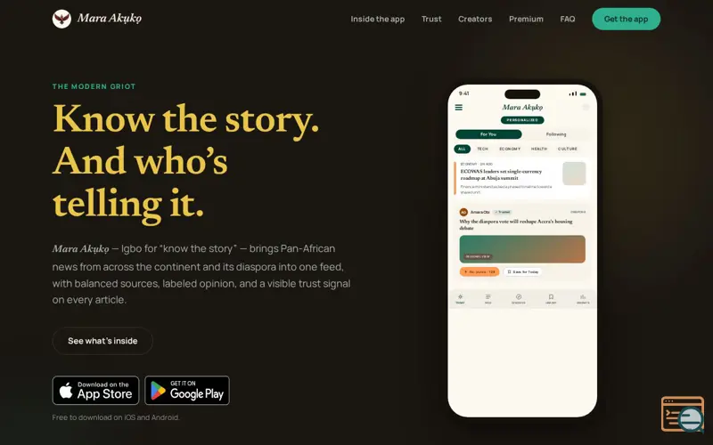 Screenshot of Mara Akụkọ — Pan-African news with transparent trust