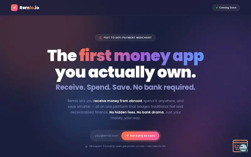 Screenshot of Remlo.io — Own Your Money, Your Rules