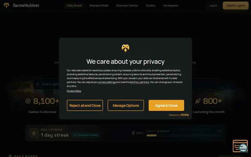 Screenshot of GameHubber, a launch using Clickio