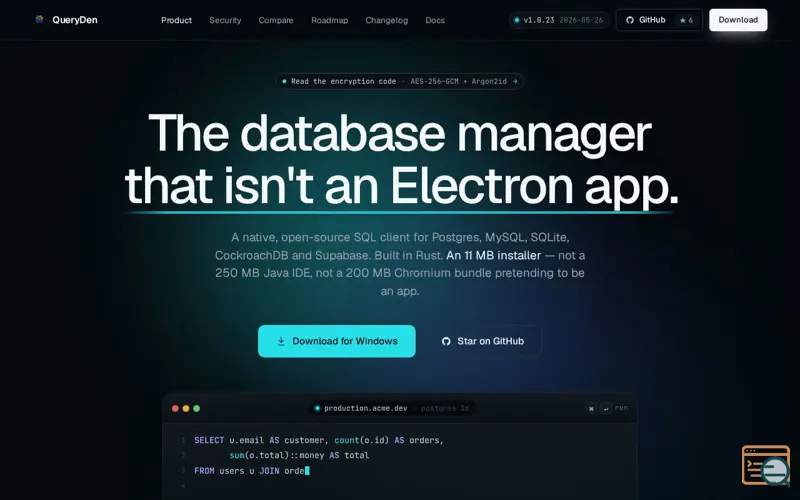 Screenshot of Query Den (Database Manager)