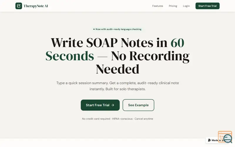 Screenshot of TherapyNote AI