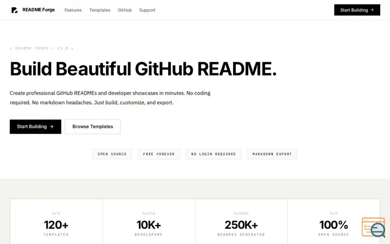 Screenshot of README Forge — Visual README Builder