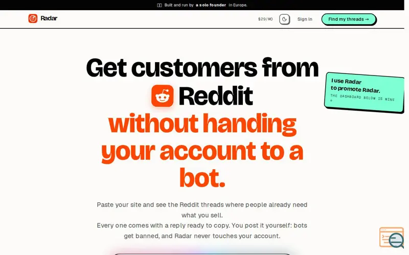 Screenshot of Radar — find Reddit threads worth replying to, a launch using LaunchPanda