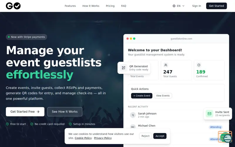 Screenshot of GuestlistOnline, a launch using Hostnet Email