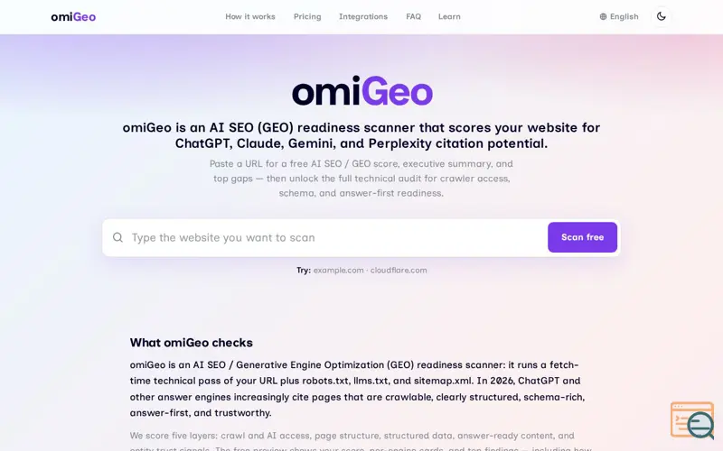 Screenshot of omiGeo — GEO Readiness Scanner
