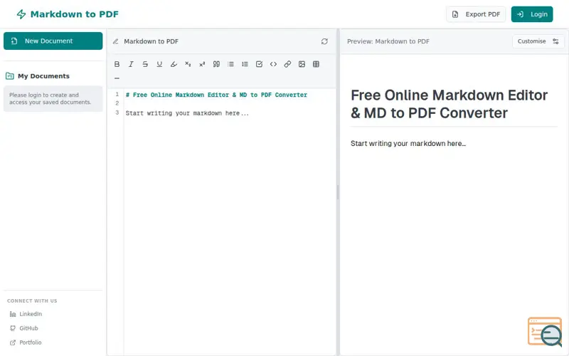 Screenshot of Markdown To Pdf Editor