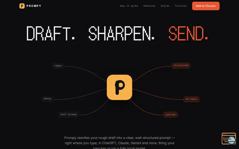 Screenshot of Prompy — Draft. Sharpen. Send.