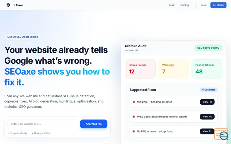 Screenshot of SEOaxe — Live SEO Audit and AEO Guidance