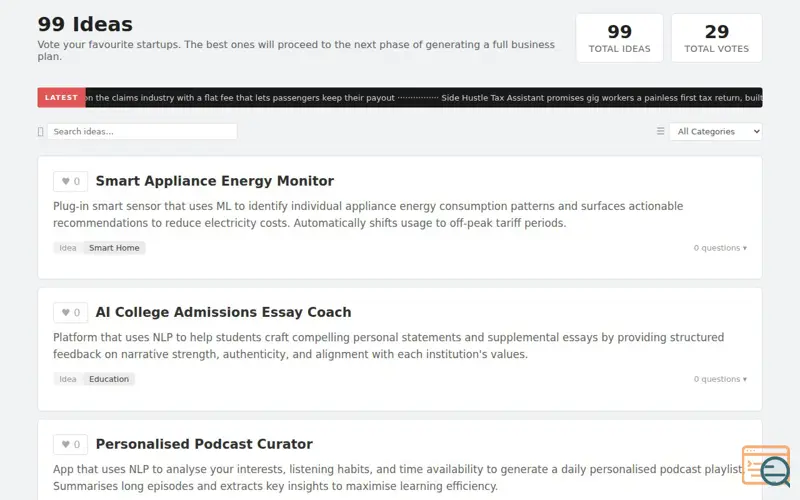 Screenshot of 99 Business Ideas