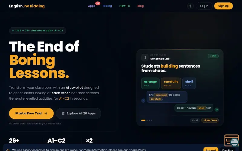 Screenshot of English No Kidding. AI fuelled ESL tools
