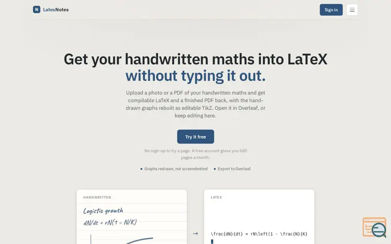 Screenshot of LatexNotes: handwritten maths notes to LaTeX, a launch using Overleaf