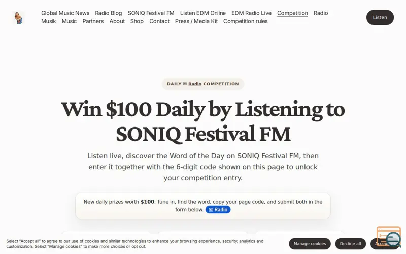 Screenshot of SONIQ Festival FM – $100 Daily Giveaway, a launch using Zeno.FM