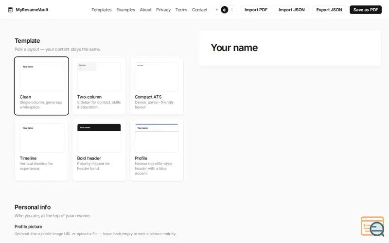 Screenshot of MyResumeVault