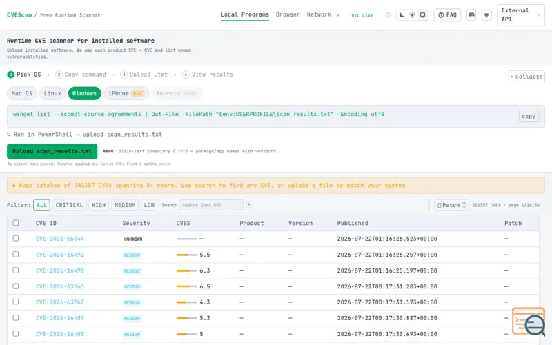 Screenshot of CVEScan — Runtime CVE Scanner | CPE → CVE for Installed Software