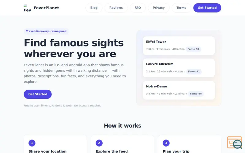 Screenshot of FeverPlanet — Famous Sights Near You