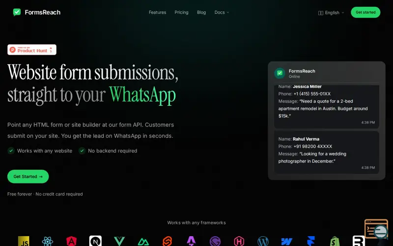 Screenshot of Form to WhatsApp | Contact Form API | FormsReach