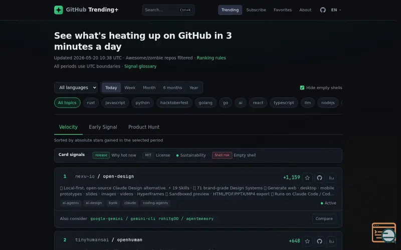 Screenshot of GitHub Trending+
