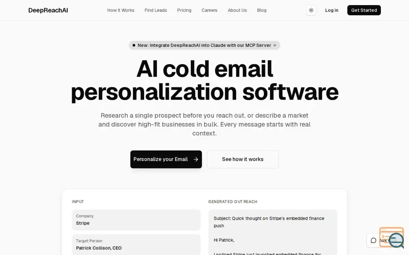 Screenshot of DeepReachAI - Cold Outreach That Actually Gets Replies