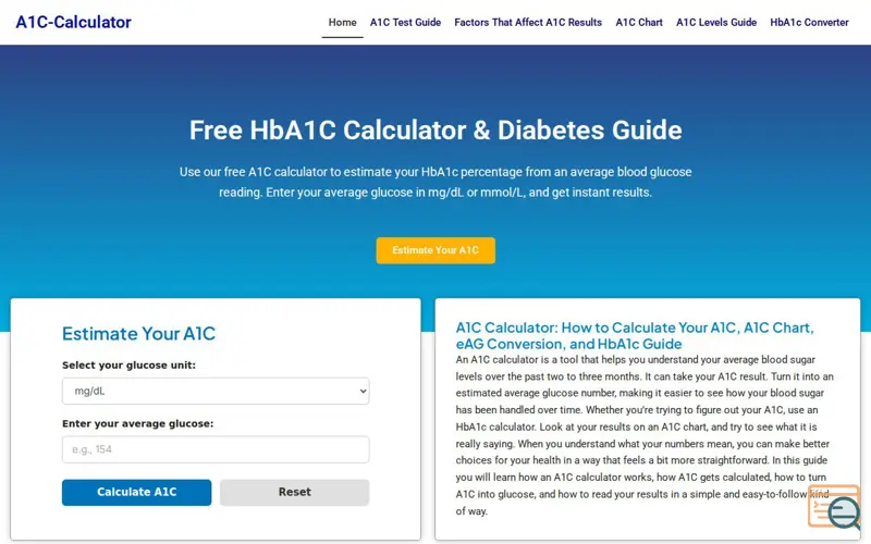 Screenshot of A1C-Calculator - Free HbA1C Calculator & Diabetes Guide