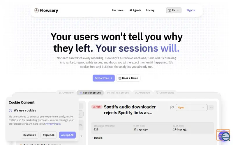 Screenshot of Flowsery AI, a launch using Three.js