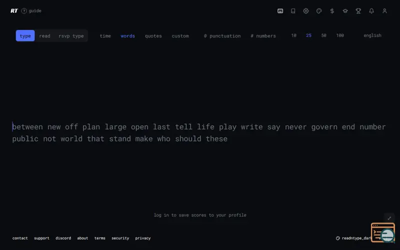 Screenshot of ReadnType — speed reading + typing arena (wpm, comprehension, RSVP)