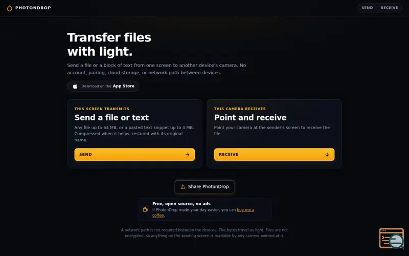 Screenshot of PhotonDrop: Air-Gapped Transfer