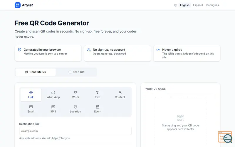 Screenshot of Free QR Code Generator: No Sign-up, Never Expires