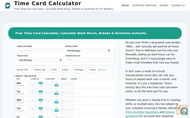 Screenshot of Time Card Calculator