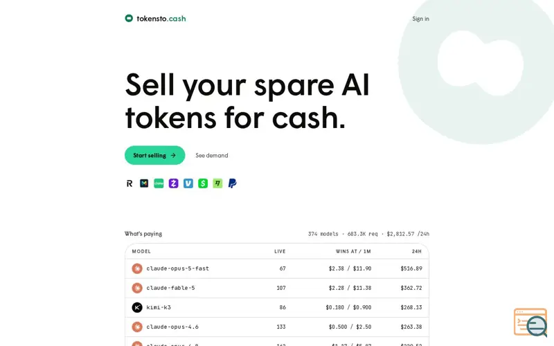 Screenshot of tokensto.cash