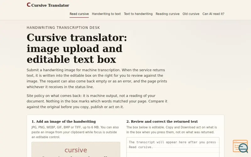Screenshot of Cursive Translator – Turn Cursive Writing Into Text Online