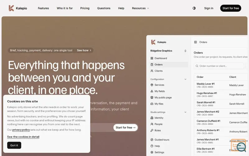 Screenshot of Kalepio, client briefs and project tracking for freelancers