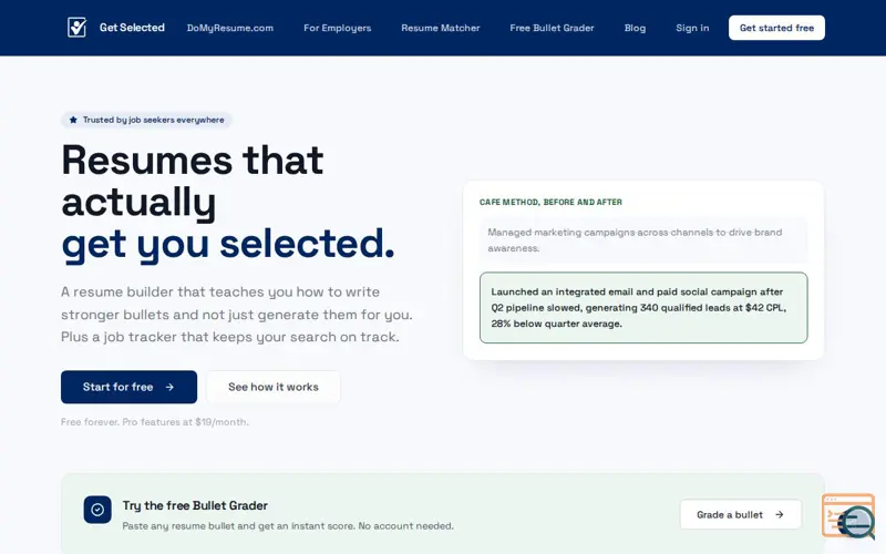 Screenshot of Get Selected — Resumes that actually get you hired
