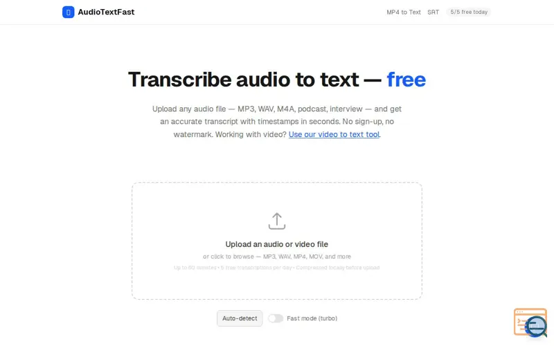 Screenshot of AudioTextFast — Free Audio & Video Transcription
