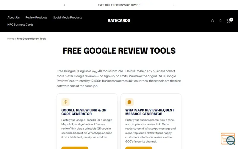 Screenshot of RATECARDS Free Review Tools
