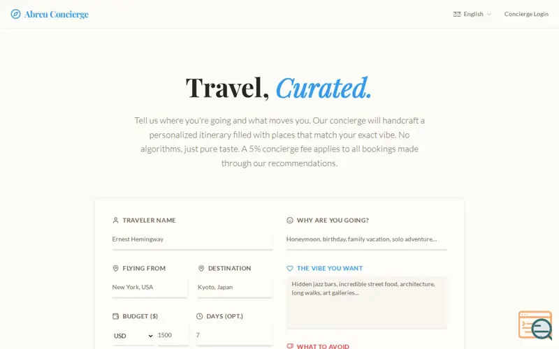 Screenshot of Abreu concierge 