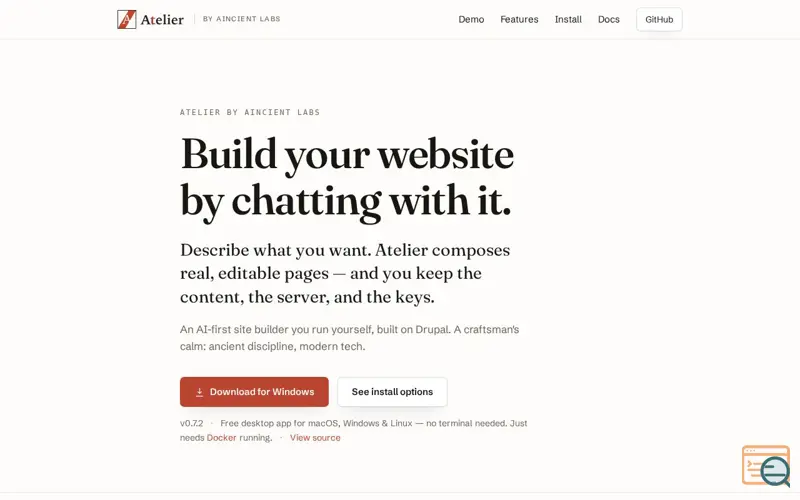 Screenshot of Atelier — build your website by chatting with it · by AIncient Labs