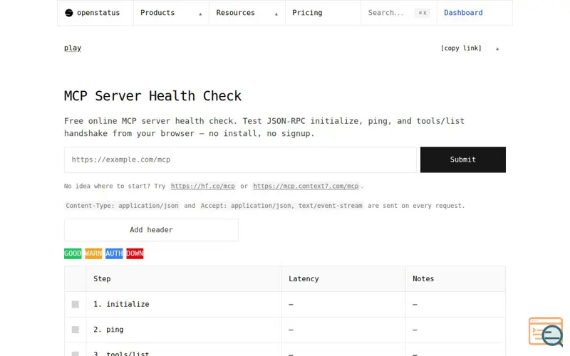 Screenshot of Openstatus MCP Health Checker   