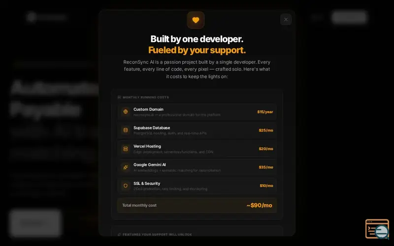 Screenshot of ReconSync AI, a launch using NOWPayments
