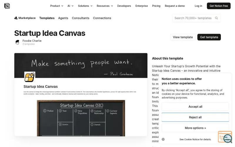 Screenshot of Startup Idea Canvas (Notion Template), a launch using Google Search