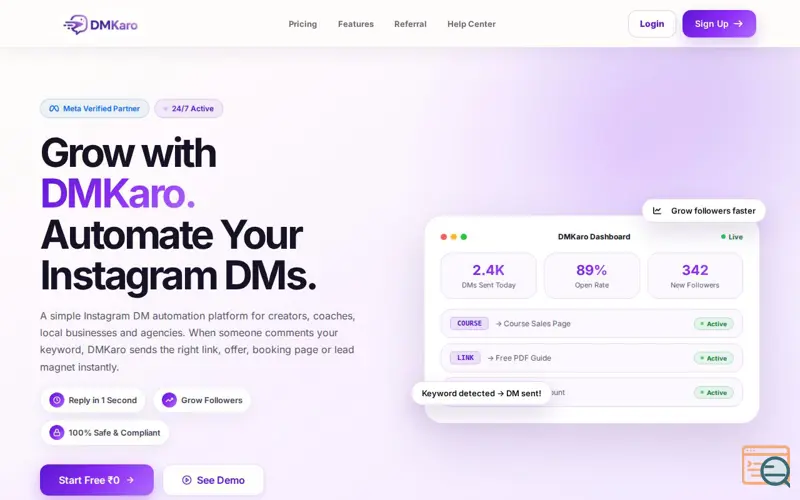 Screenshot of DMKARO - Free Instagram Auto DM, Comment Automation & Lead Generation