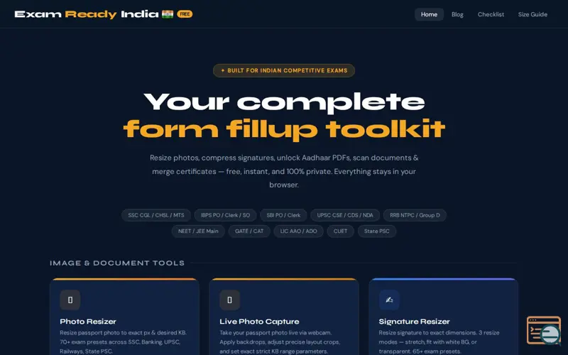 Screenshot of ExamReady India — Free Photo, Sign Tool