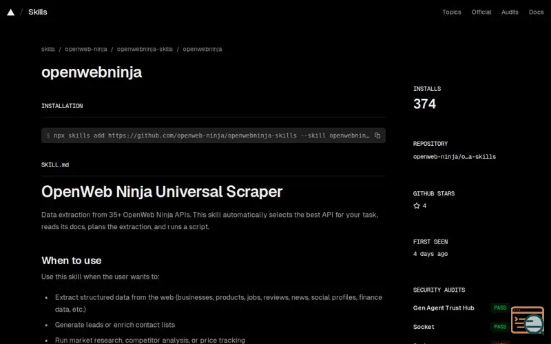 Screenshot of OpenWebNinja Skill