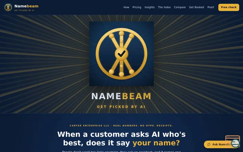 Screenshot of Namebeam — Get picked by AI. Make sure AI names your business.
